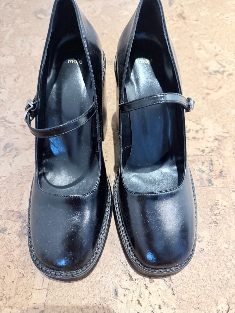 Maje Black Leather Mary Jane Block Heels